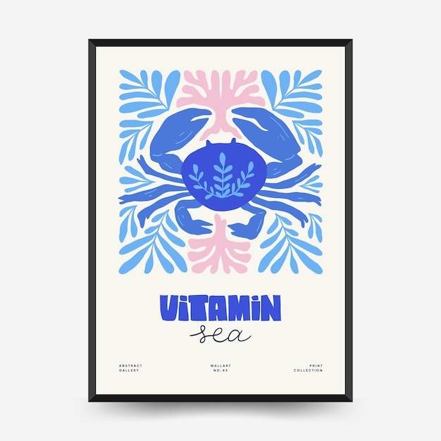 Onderwaterwereld, oceaan, zee, vis en schelpen poster sjabloon. Matisse minimalistische stijl