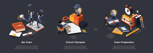 Onderwijs Afstuderen en School Olympiade Concept Studenten hebben test- of bar-examenvoorbereidingen Collectief afstandsonderwijs Online cursussen Online onderwijs Isometrische 3D Vector Illustraties Set