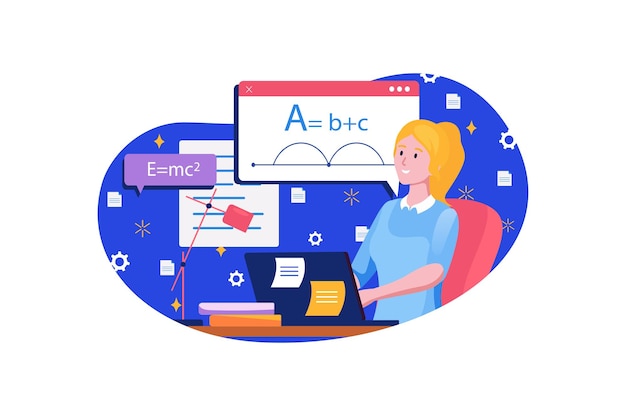 Onderwijs blauw concept met mensenscène in het platte cartoonontwerp meisje studeert natuurkunde