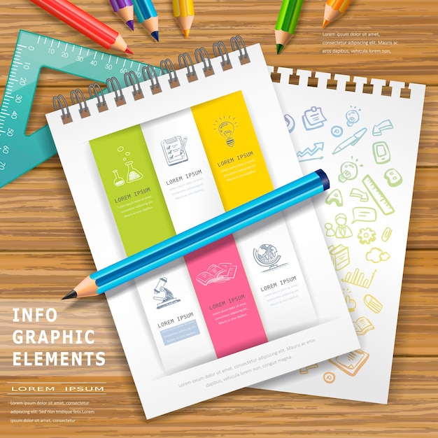 Onderwijs infographic ontwerpelementen met potloden en notitieboekjes