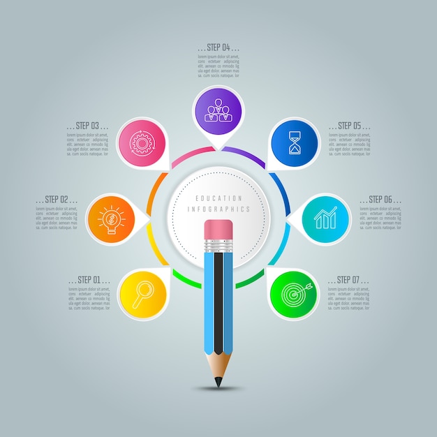 Vector onderwijs infographics sjabloon 7 stap optie.