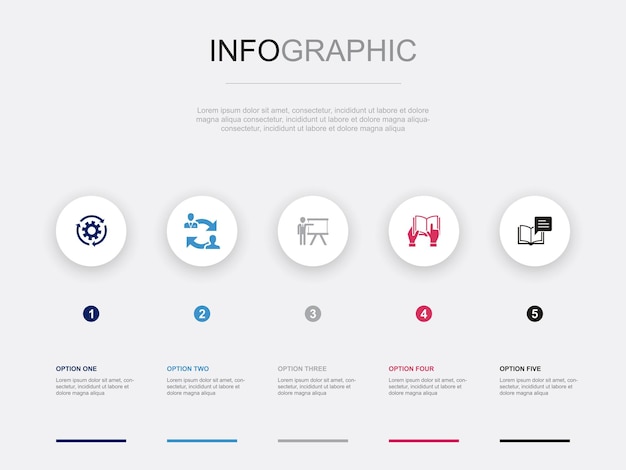 Onderwijs innovatie onderzoek leren kennis iconen infographic ontwerpsjabloon creatief concept met 5 stappen