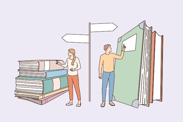 Onderwijs, kennis en het kiezen van beroep concept. Jong meisje en jongen staande beer boeken hopen kiezen manier van ontwikkeling beroep specialiteit vectorillustratie