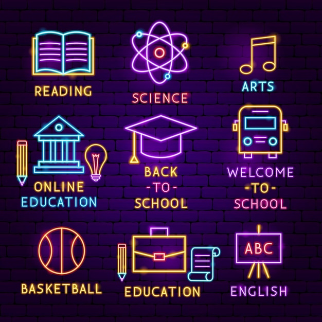 Onderwijs Neon Label Set. Vectorillustratie van schoolpromotie.