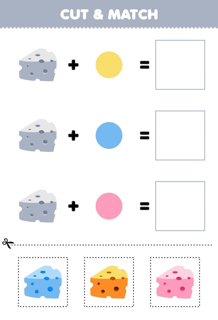 Vector onderwijs spel snijden en overeenkomen combinatie kleur van schattige cartoon kaas drukbare voedsel werkblad