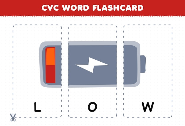 Onderwijs spel voor kinderen leren medeklinker klinker medeklinker woord met schattige cartoon LAGE batterij pictogram illustratie afdrukbare flashcard