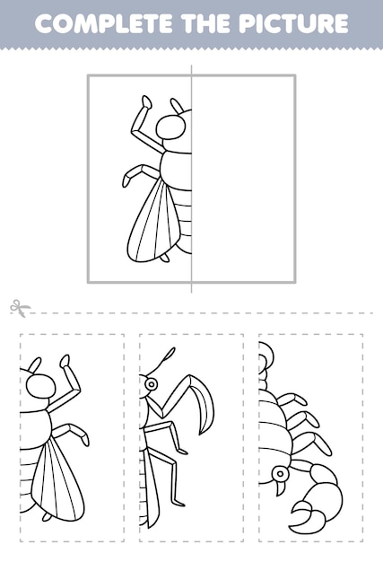 Onderwijs spel voor kinderen snijden en voltooien van de afbeelding van schattige cartoon vliegen halve schets voor het kleuren van drukbare bug werkblad