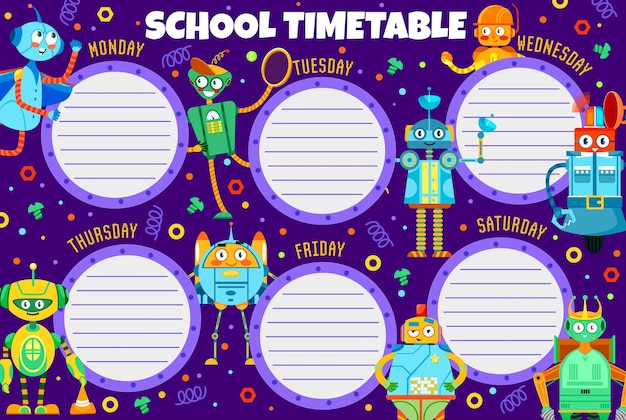 Onderwijs tijdschema met cartoon robots vector school lessen weekplan kinderen school tijdschema schema met grappige robot speelgoed karakters retro android transformatoren en buitenaardse ruimte cyborgs