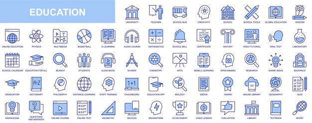 Onderwijs web iconen in dunne lijn ontwerp Pack van leraar school creativiteit wijsheid online bibliotheek elearning audio cursus certificaat video tutorial andere Vector overzicht lijn pictogrammen