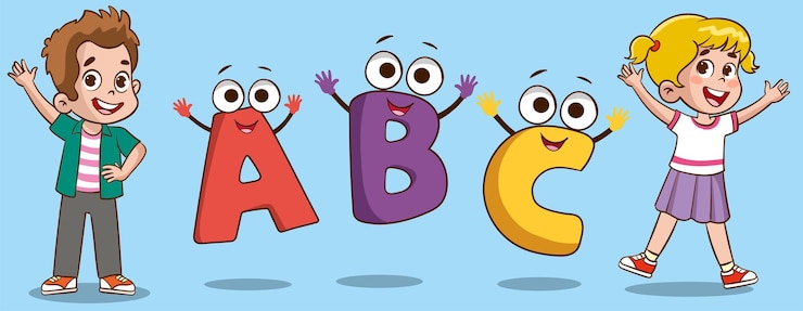 Vector onderwijsconcept en vectorillustratie van geletterdheidsonderwijs met cartoonkaraktersalphabet learnin