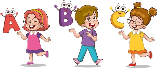 Onderwijsconcept en vectorillustratie van geletterdheidsonderwijs met cartoonkaraktersalphabet learnin