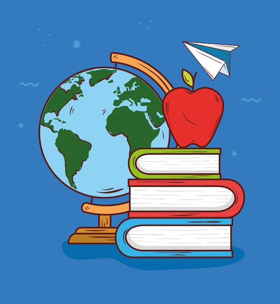 Onderwijsconcept, stapelboeken met appelfruit en document ontwerp van de vliegtuig het vectorillustratie