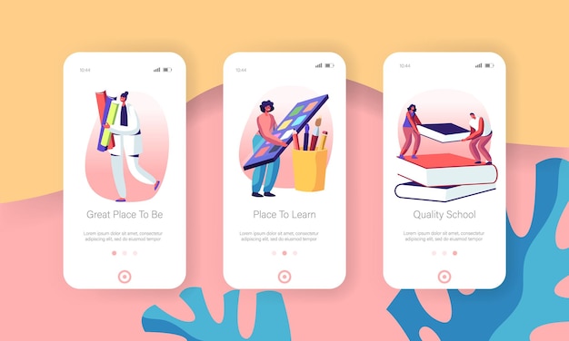 Vector onderwijskennis mobiele app onboard-schermset