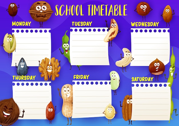 Onderwijsschool tijdschema sjabloon met cartoon noten en zaden karakters