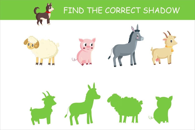 Onderwijsspel voor kinderen overeenkomt met boerderijdieren met hun silhouetten.