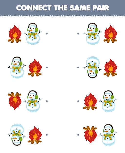 Onderwijsspel voor kinderen verbind dezelfde afbeelding van een schattig tekenfilmvuur en een afdrukbaar winterwerkblad van een sneeuwpoppaar