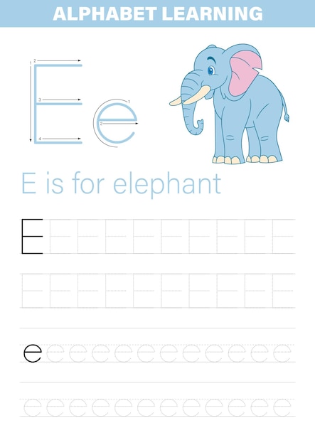 Onderwijswerkblad met de letter E een illustratie van een olifant en traceringsoefeningen voor kinderen die het alfabet leren