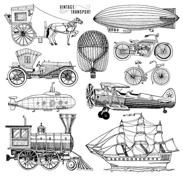 Onderzeeër boot en auto motor paard en wagen luchtschip of bestuurbare luchtballon vliegtuigen maïskolf locomotief gegraveerd hand getrokken in oude schets stijl vintage passagiers vervoer