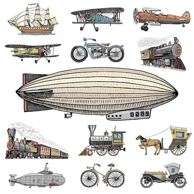 Vector onderzeeër boot en auto motor paard en wagen luchtschip of bestuurbare luchtballon vliegtuigen maïskolf locomotief gegraveerd hand getrokken in oude schets stijl vintage passagiers vervoer