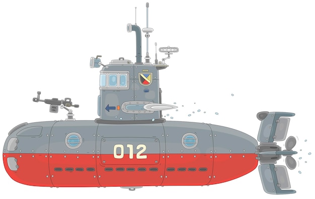 Vector onderzeeër uitgerust met een periscoop en gewapend met torpedo's en geweren op gevechtspatrouille in een oceaan