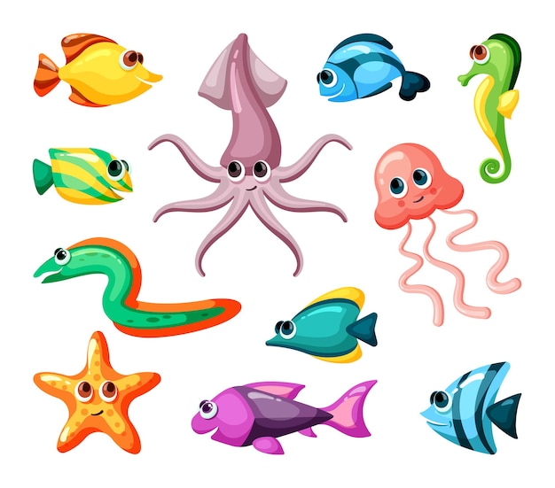 Onderzeese wereld kleurrijke platte set. kinderachtig onderwaterleven, mariene inwoners geïsoleerd op wit. ell, octopus, kwallen, zeepaardjes, zeesterren stripfiguren