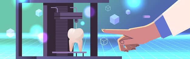Onderzoeker met de hand wijzend tandmodel gedrukt op 3D-bioprinter medisch printen van menselijk transplantatie-orgaan