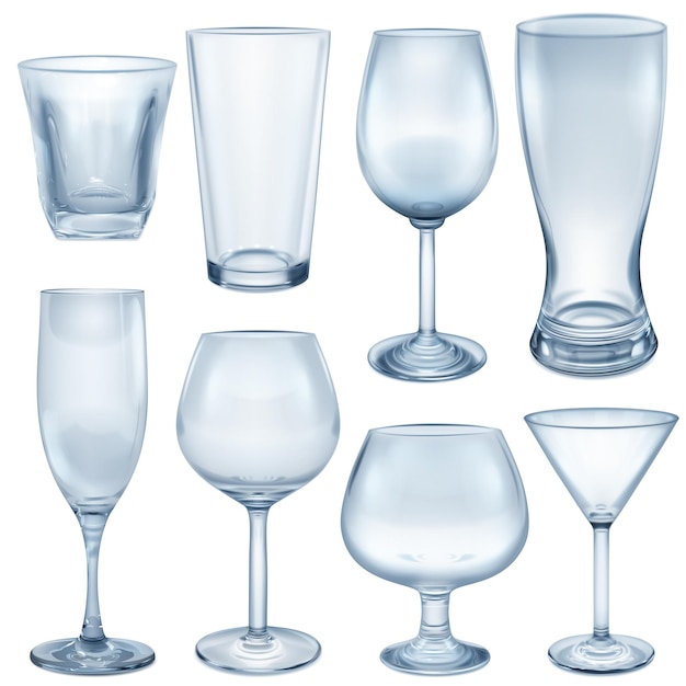 Vector ondoorzichtige lege glazen en glaswerk voor verschillende drankjes
