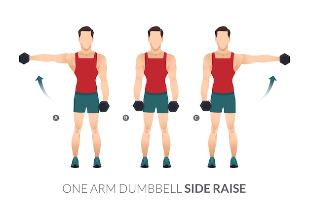 Vector one arm dumbbell side raise, men gym workout fitness, aerobic and exercises.