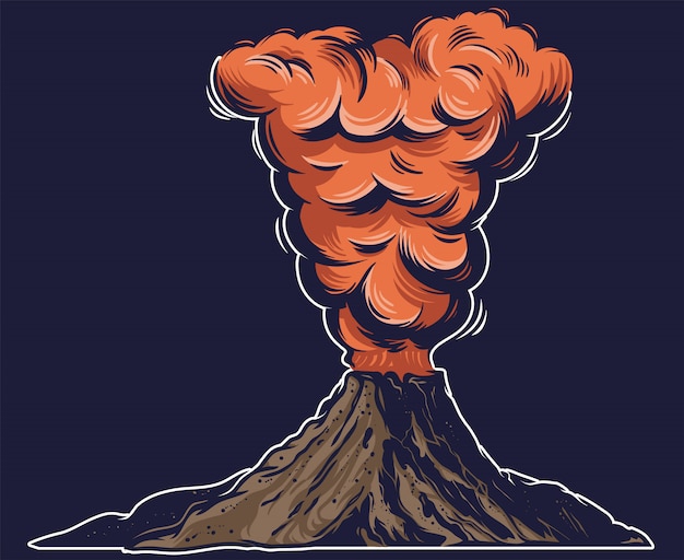 Вектор Один большой опасный действующий вулкан с огнем очень горячей лавы и густым красным дымом на горе.