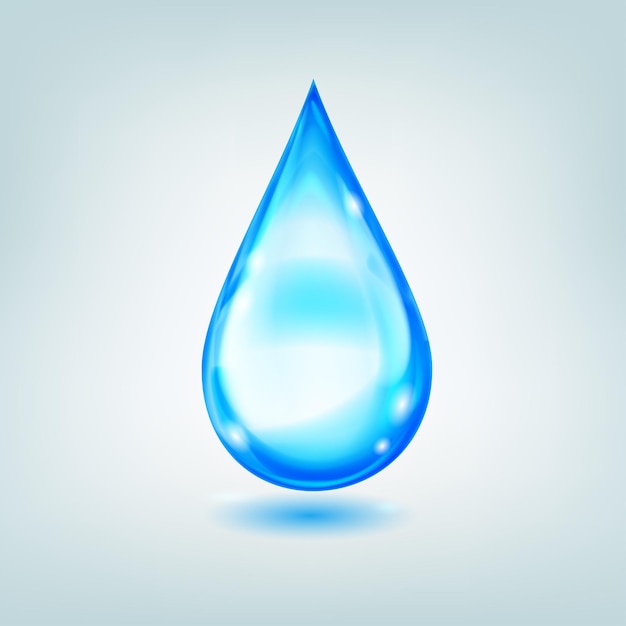 One big realistic water drop in blue color with glares and shadow