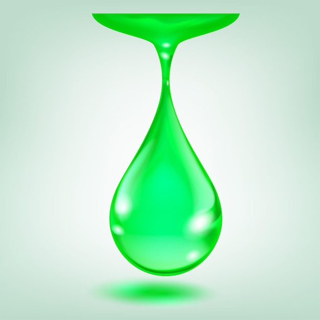 One big realistic water drop in green color with glares and shadow