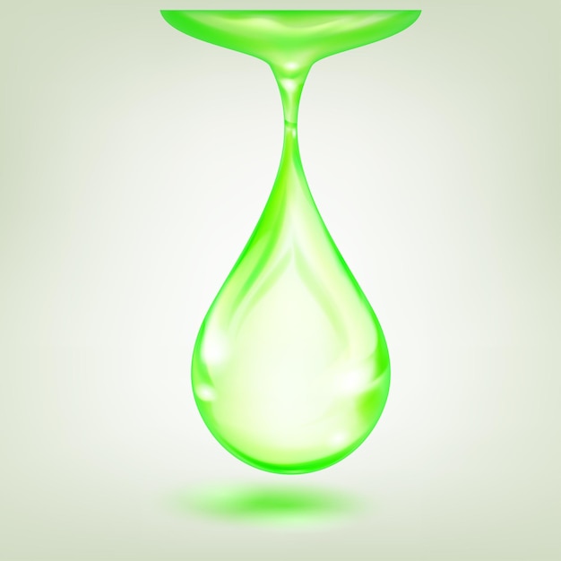 One big realistic water drop in light green color with glares and shadow