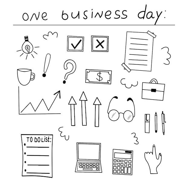 Vettore un giorno lavorativo. elementi di business doodle disegnati a mano. illustrazione vettoriale