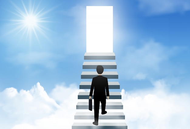 One businessman walk up the stairs to the lighting door of success on sky