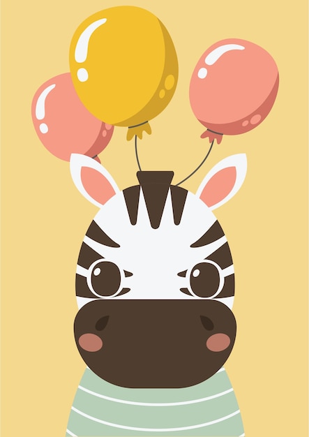 귀여운 동물 컬렉션의 카드 또는 포스터 한 장. 축제 얼룩말.