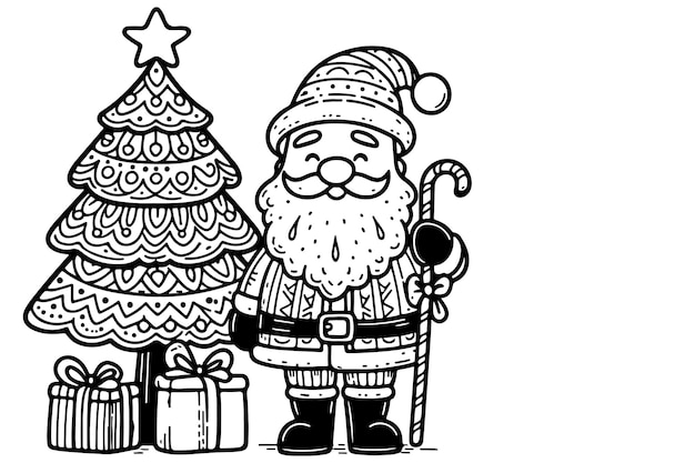 Vector one continuous black line art drawing of merry christmas tree hand drawn of santa claus outline doodle vector illustration on white background