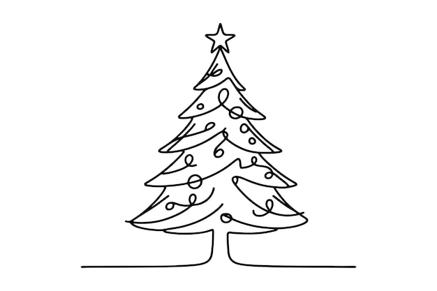 Vettore un disegno artistico a linea nera continua di un albero di natale felice disegnato a mano del contorno di babbo natale