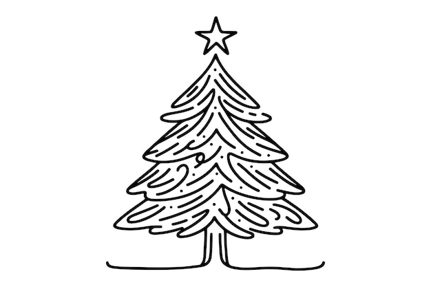 Vettore un disegno artistico a linea nera continua di un albero di natale felice disegnato a mano del contorno di babbo natale