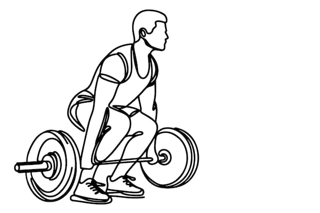 One continuous black line drawing of man lifting barbel with a heavy weight bar weightlifting at gym
