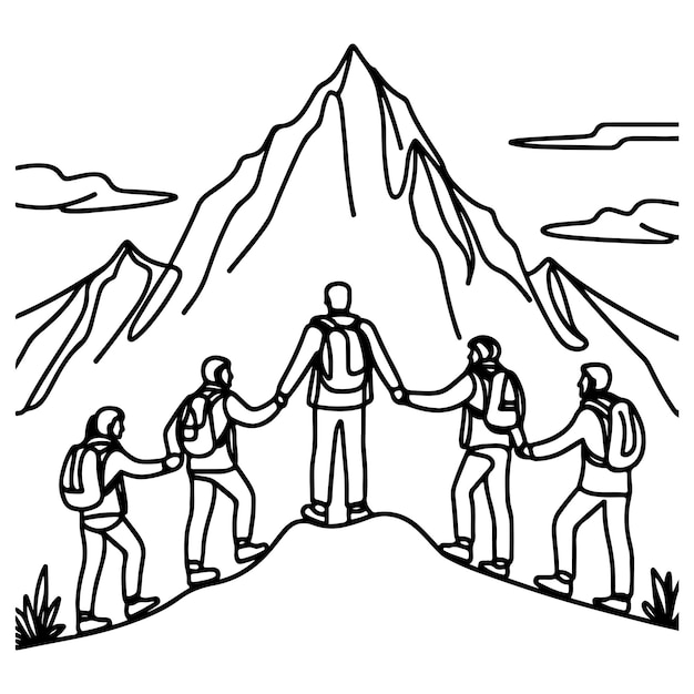 Vector one continuous black line drawing team of people holding hands and helping assisting each other