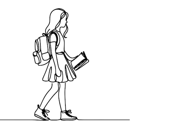 one continuous black line drawing young school girl with a backpack carrying book Back to school