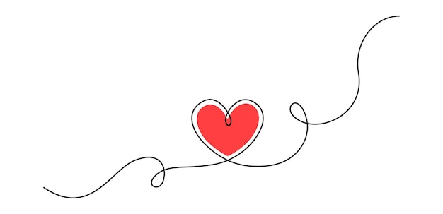 One continuous drawing of heart and red color love sign. Thin flourish and romantic symbols in simple linear style. Editable stroke. Doodle vector illustration.