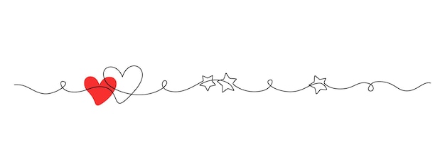 Вектор Один непрерывный рисунок двух сердец с красным цветом знака любви тонкая цветущая граница с звездами и романтическим символом в простом линейном стиле редактируемый штрих doodle очертание векторной иллюстрации