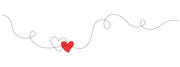 Вектор Один непрерывный рисунок двух сердец с красным цветом знака любви тонкая цветущая лента и романтический символ в простом линейном стиле редактируемый штрих контурная векторная иллюстрация doodle