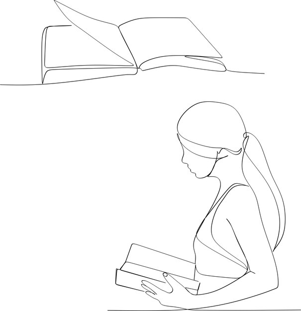 One continuous drawn line girl reading a book handdrawn picture silhouette