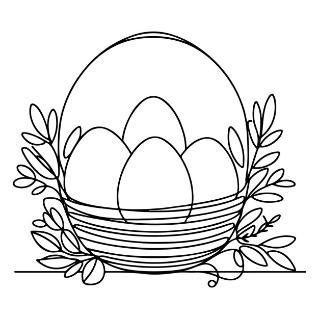 Un disegno continuo a mano a linea nera cesto uova di pasqua scarabocchiato decorato vettore del contorno del disegno