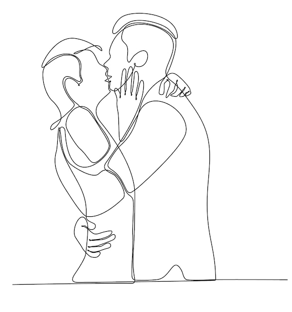 one continuous line art drawing of valentine couple kissing together vector illustration