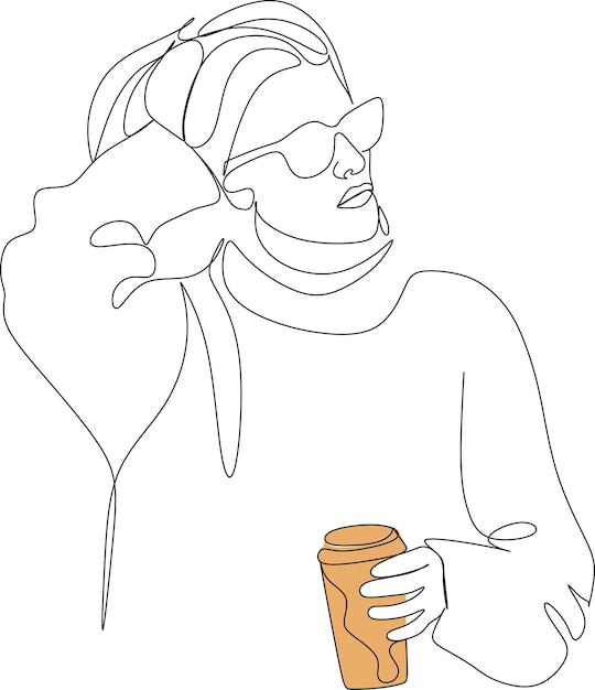 One continuous line art hand drawn girl drinking hot drink glass mug