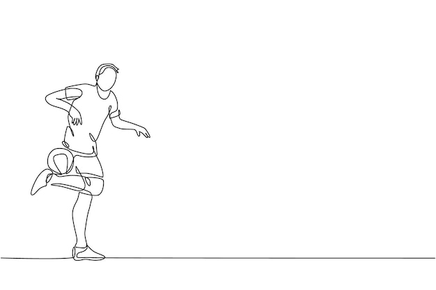 One continuous line draw of man soccer freestyler practice keep the ball with feet. Street football