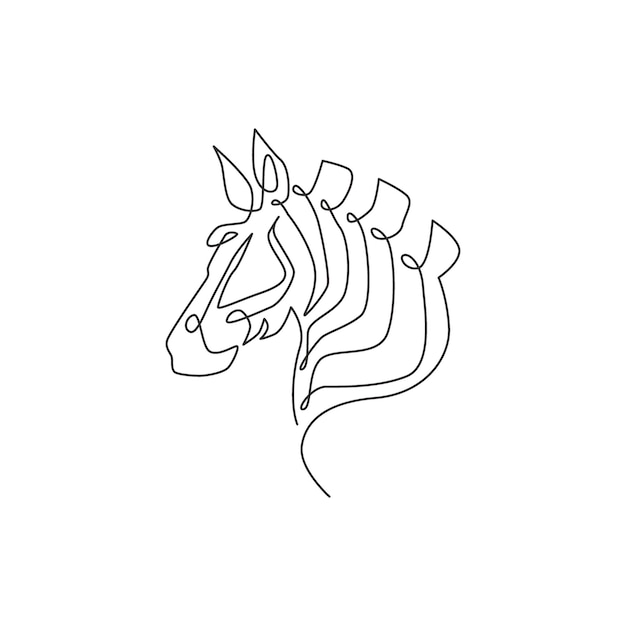 Una linea continua disegna la testa di zebra per l'identità del logo dello zoo safari del parco nazionale cavallo con strisce